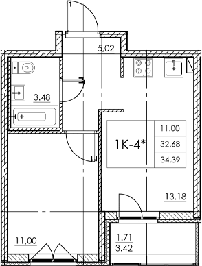 Планировка — Стороны света 2, 1-комн., 33 м²