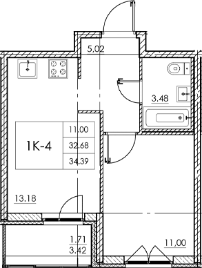 Планировка — Стороны света 2, 1-комн., 33 м²