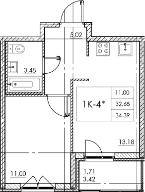 Планировка — Стороны света 2, 1-комн., 33 м²