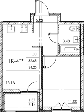 Планировка — Стороны света 2, 1-комн., 33 м²