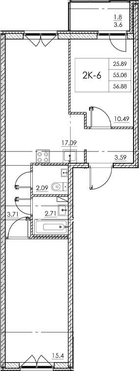Планировка — Стороны света 2, 3-комн., 55 м²