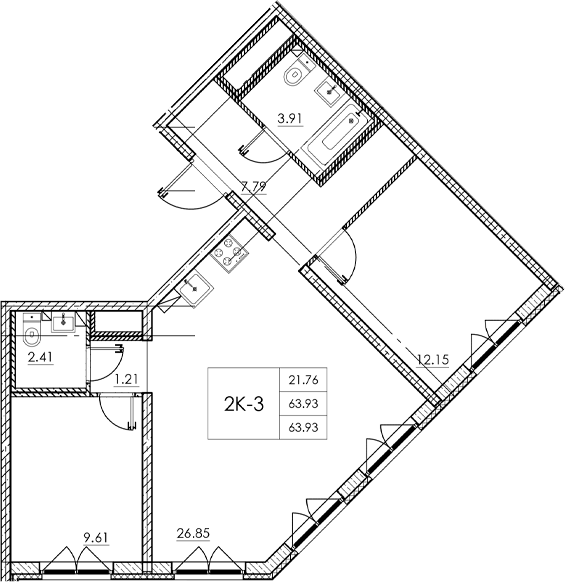 Планировка — Стороны света 2, 3-комн., 64 м²