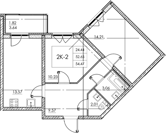 Планировка — Стороны света 2, 2-комн., 53 м²