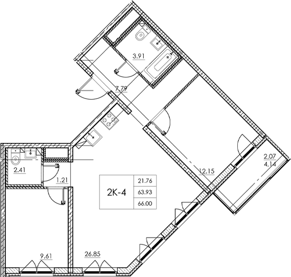 Планировка — Стороны света 2, 3-комн., 64 м²
