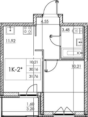 Планировка — Стороны света 2, 1-комн., 30 м²