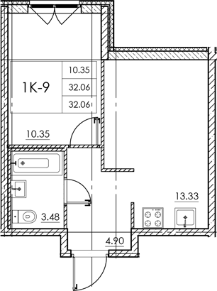 Планировка — Стороны света 2, 1-комн., 32 м²