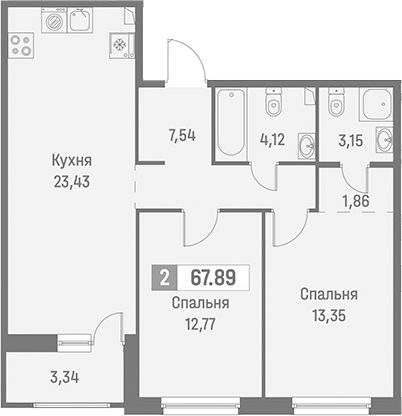 Планировка — Графика, 3-комн., 66 м²