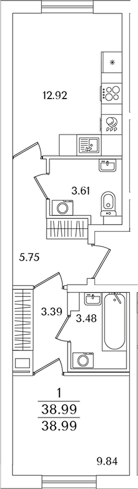 Планировка — Кинопарк, 2-комн., 39 м²