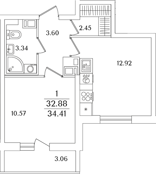 Планировка — Кинопарк, 2-комн., 33 м²