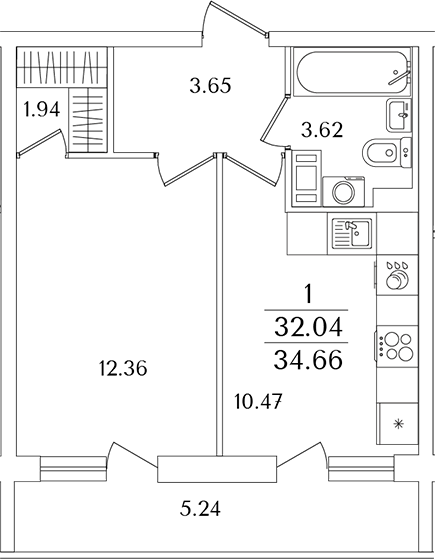 Планировка — Кинопарк, 1-комн., 32 м²