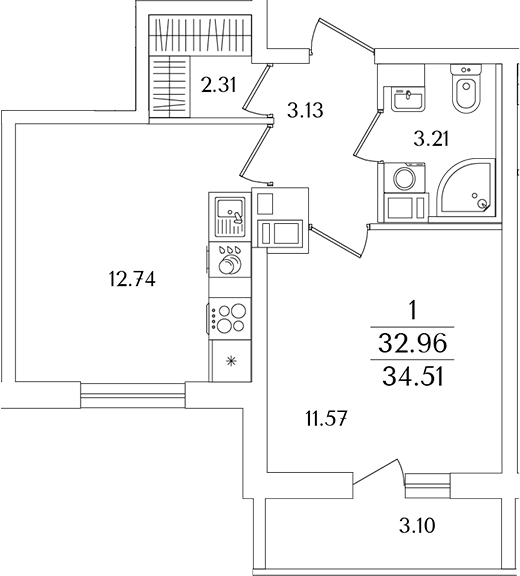 Планировка — Кинопарк, 2-комн., 33 м²