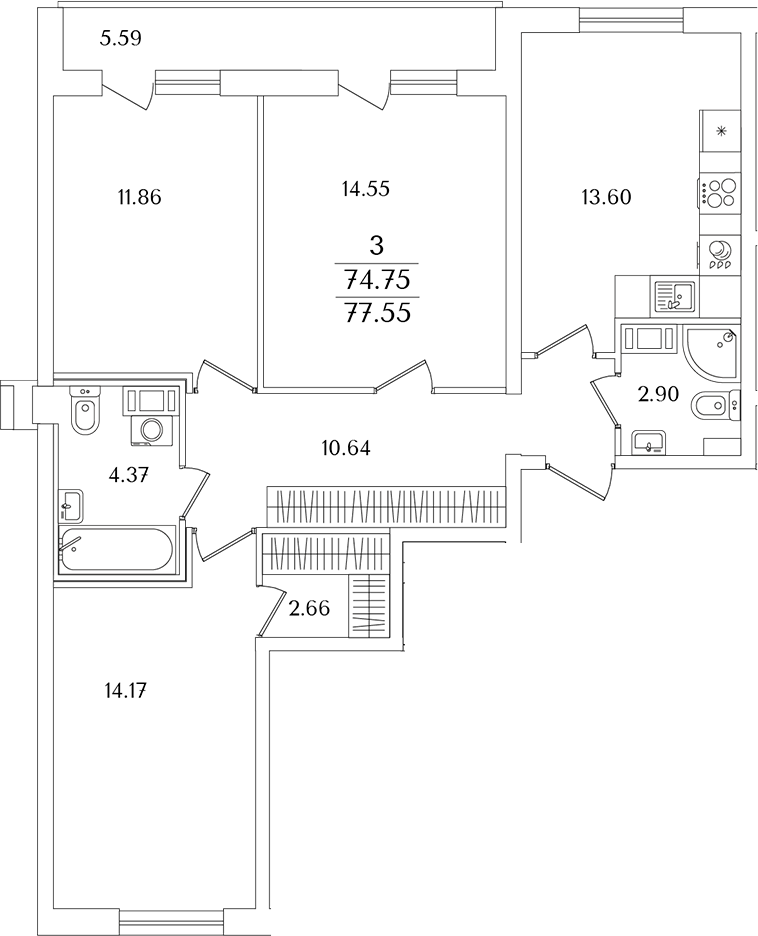 Планировка — Кинопарк, 3-комн., 75 м²