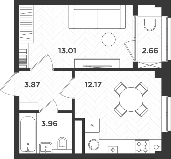Планировка — Новокасимово, 1-комн., 33 м²