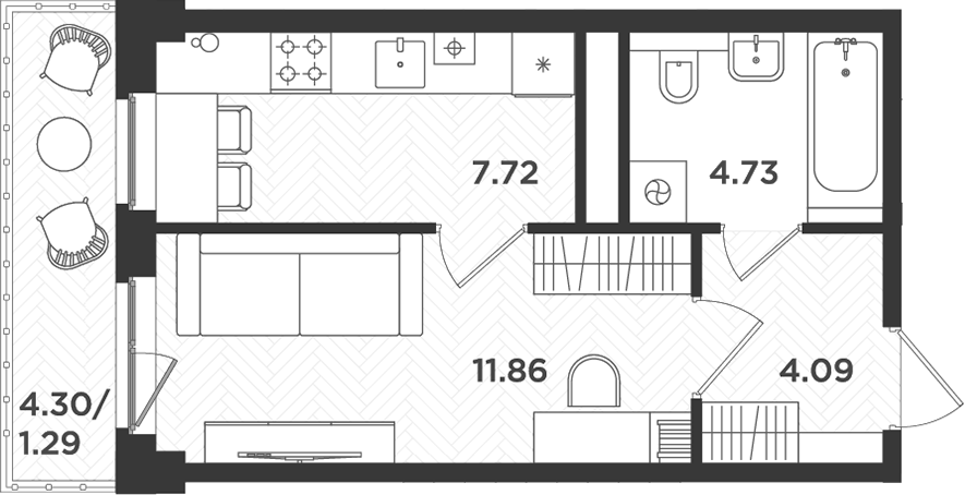 Планировка — Новокасимово, 1-комн., 28 м²