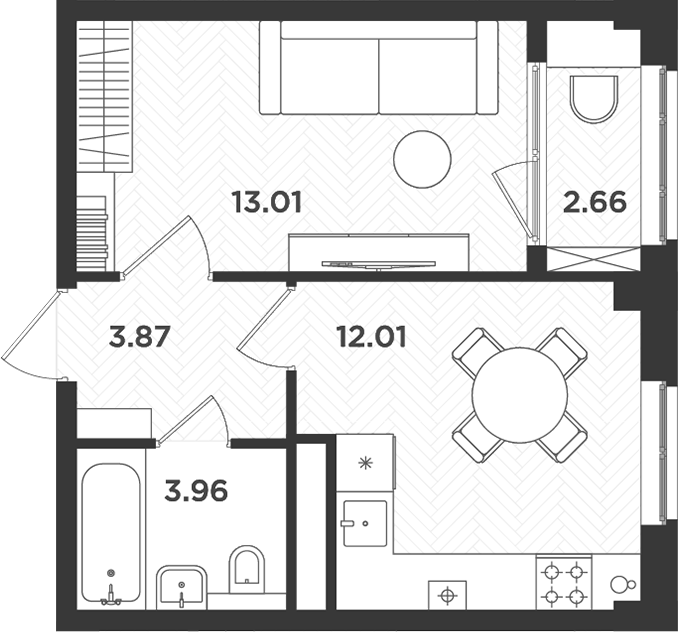 Планировка — Новокасимово, 1-комн., 33 м²