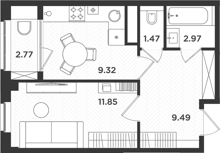 Планировка — Новокасимово, 1-комн., 35 м²