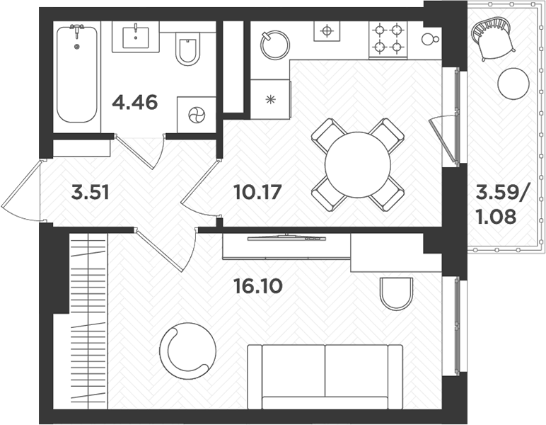Планировка — Новокасимово, 1-комн., 34 м²