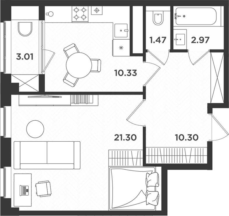 Планировка — Новокасимово, 1-комн., 46 м²