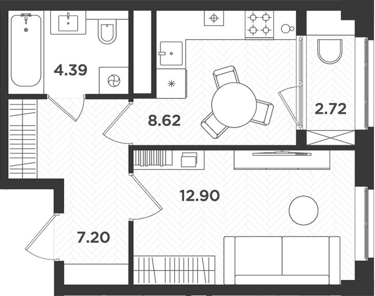 Планировка — Новокасимово, 1-комн., 33 м²