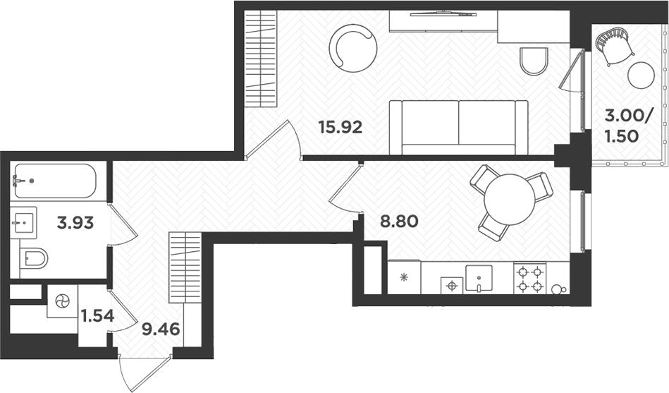 Планировка — Новокасимово, 1-комн., 40 м²