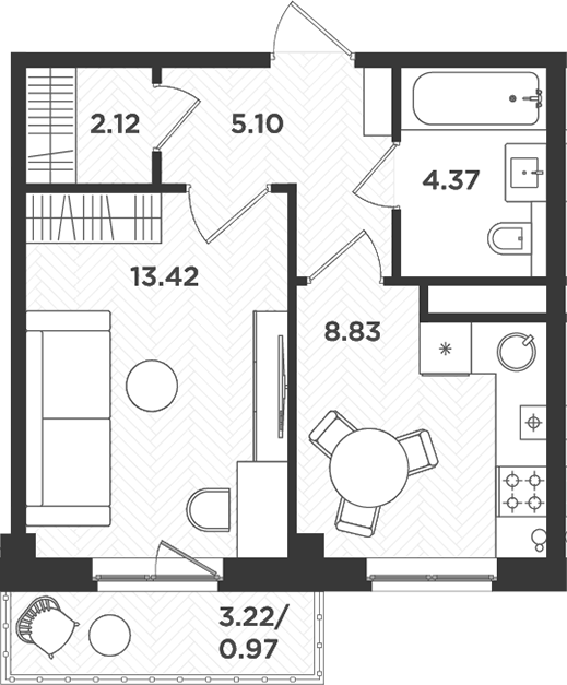 Планировка — Новокасимово, 1-комн., 34 м²