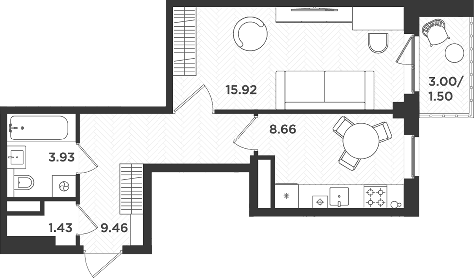 Планировка — Новокасимово, 1-комн., 39 м²