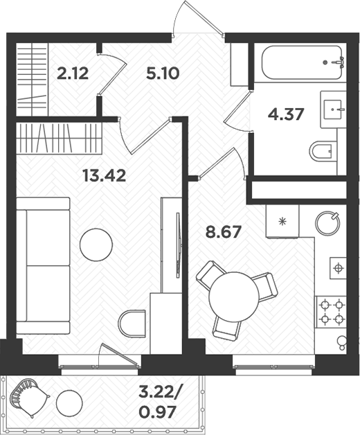 Планировка — Новокасимово, 1-комн., 34 м²