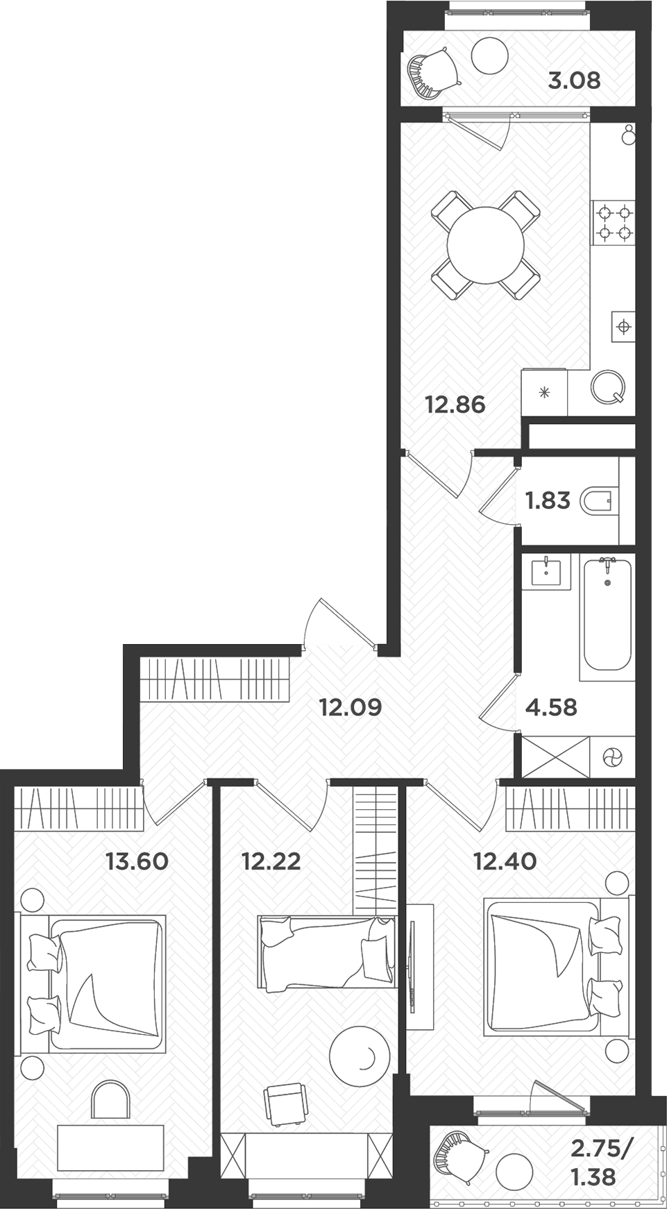 Планировка — Новокасимово, 3-комн., 70 м²
