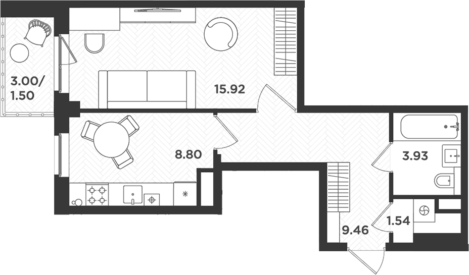 Планировка — Новокасимово, 1-комн., 40 м²