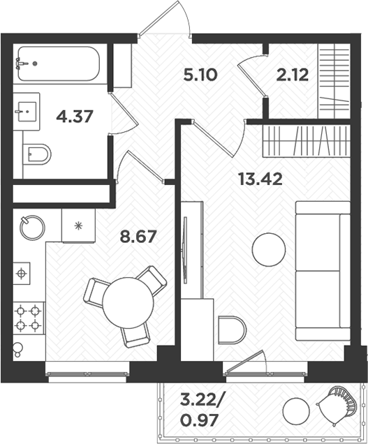 Планировка — Новокасимово, 1-комн., 34 м²