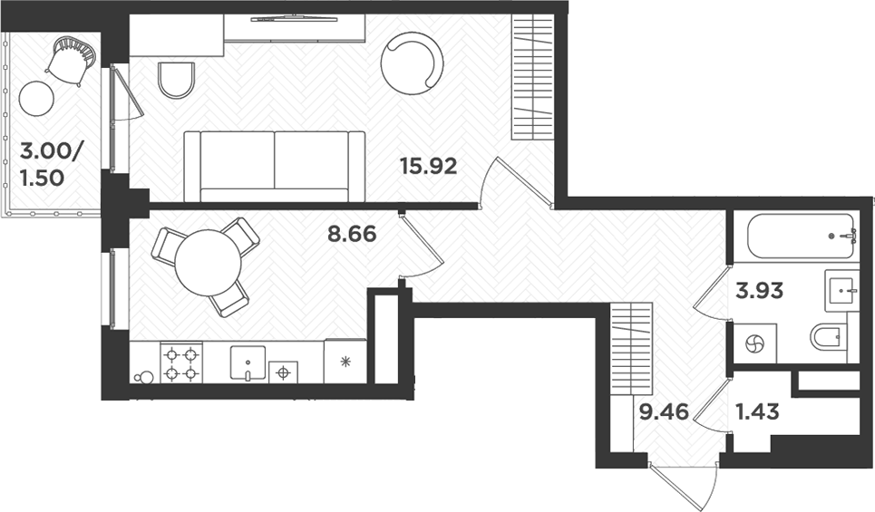Планировка — Новокасимово, 1-комн., 39 м²