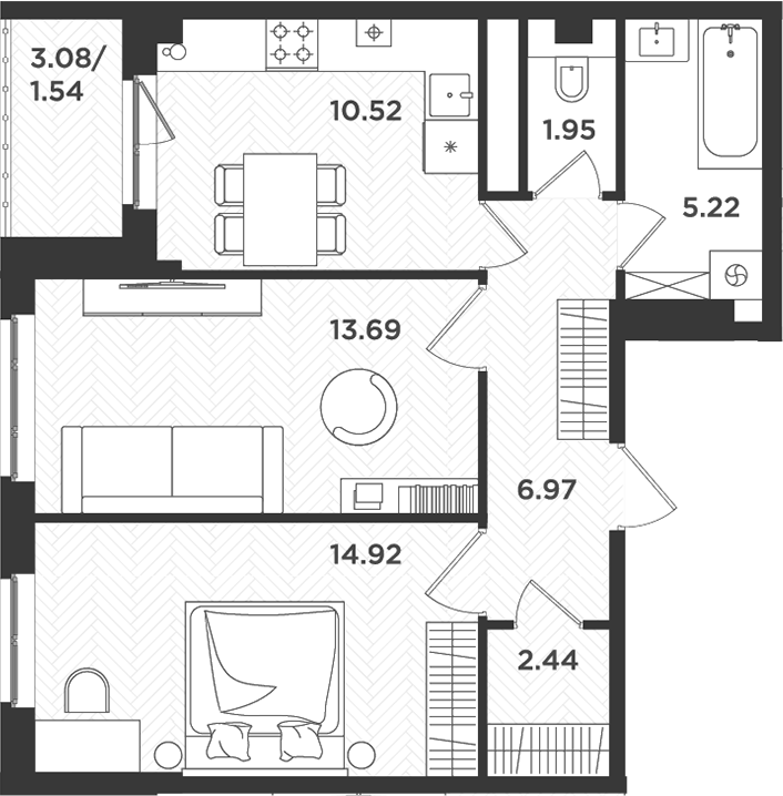 Планировка — Новокасимово, 2-комн., 56 м²