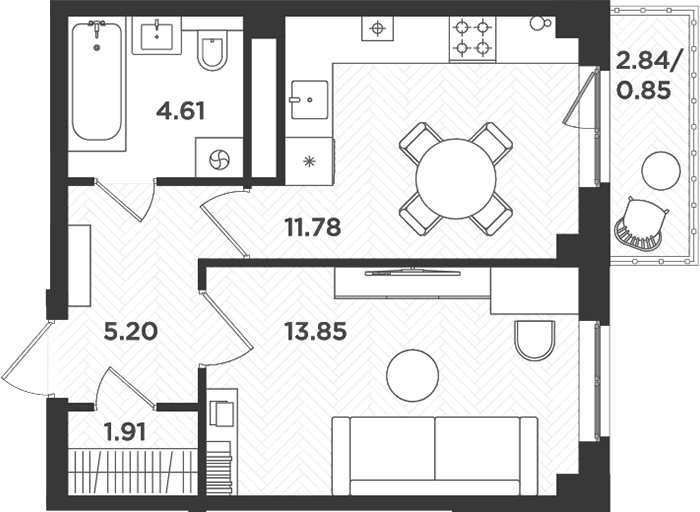 Планировка — Новокасимово, 1-комн., 37 м²