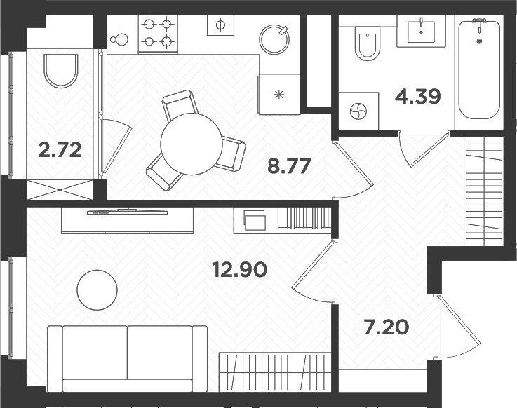 Планировка — Новокасимово, 1-комн., 33 м²