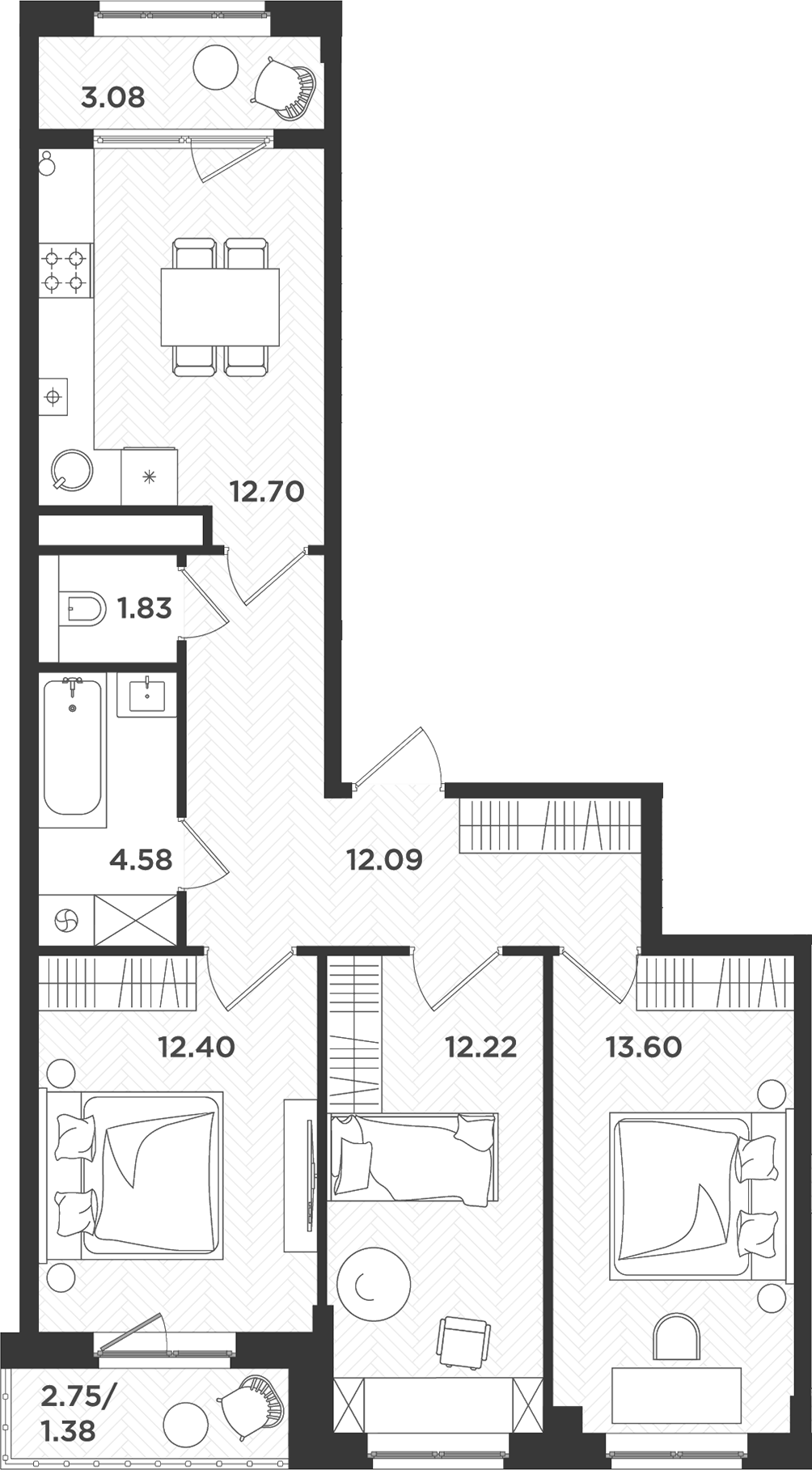 Планировка — Новокасимово, 3-комн., 69 м²