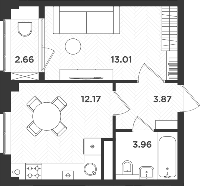 Планировка — Новокасимово, 1-комн., 33 м²