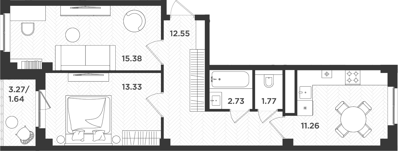 Планировка — Новокасимово, 2-комн., 57 м²