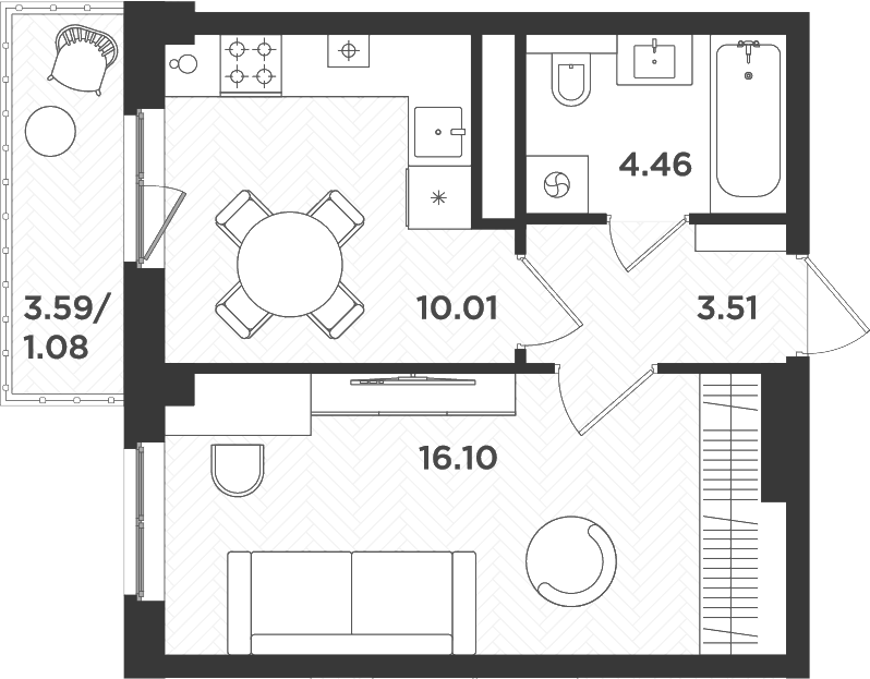 Планировка — Новокасимово, 1-комн., 34 м²