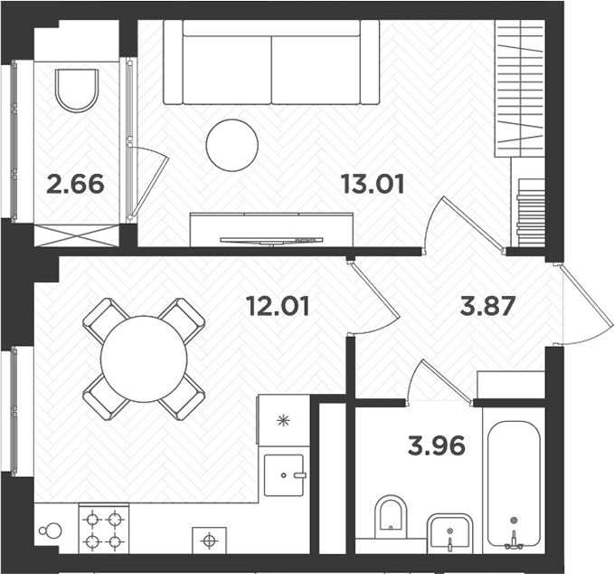 Планировка — Новокасимово, 1-комн., 33 м²