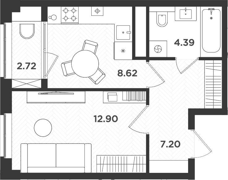 Планировка — Новокасимово, 1-комн., 33 м²