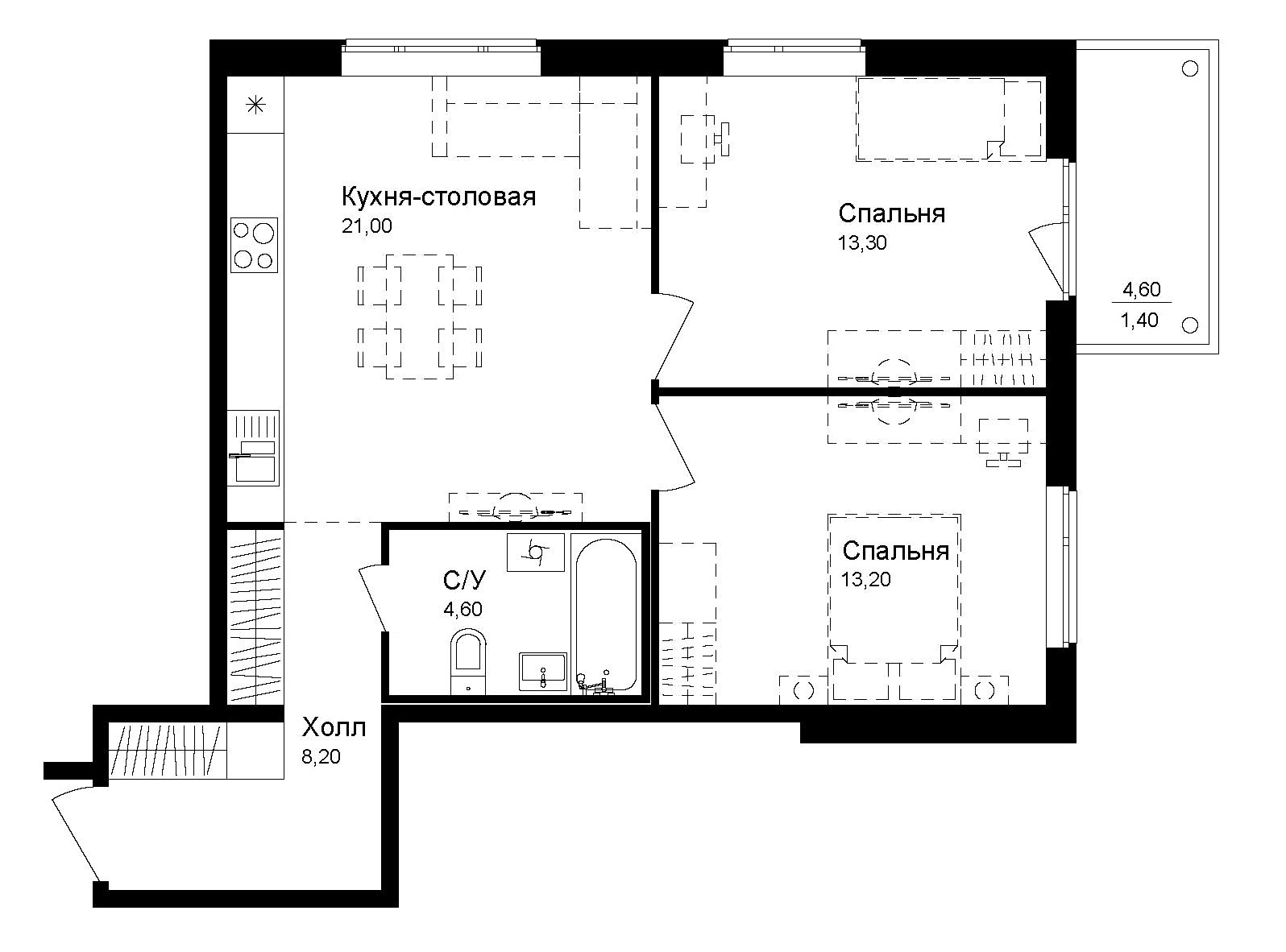 Планировка — Эко квартал Новая Дубровка, 2-комн., 60 м²