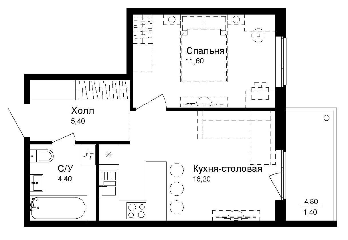 Планировка — Эко квартал Новая Дубровка, 1-комн., 38 м²
