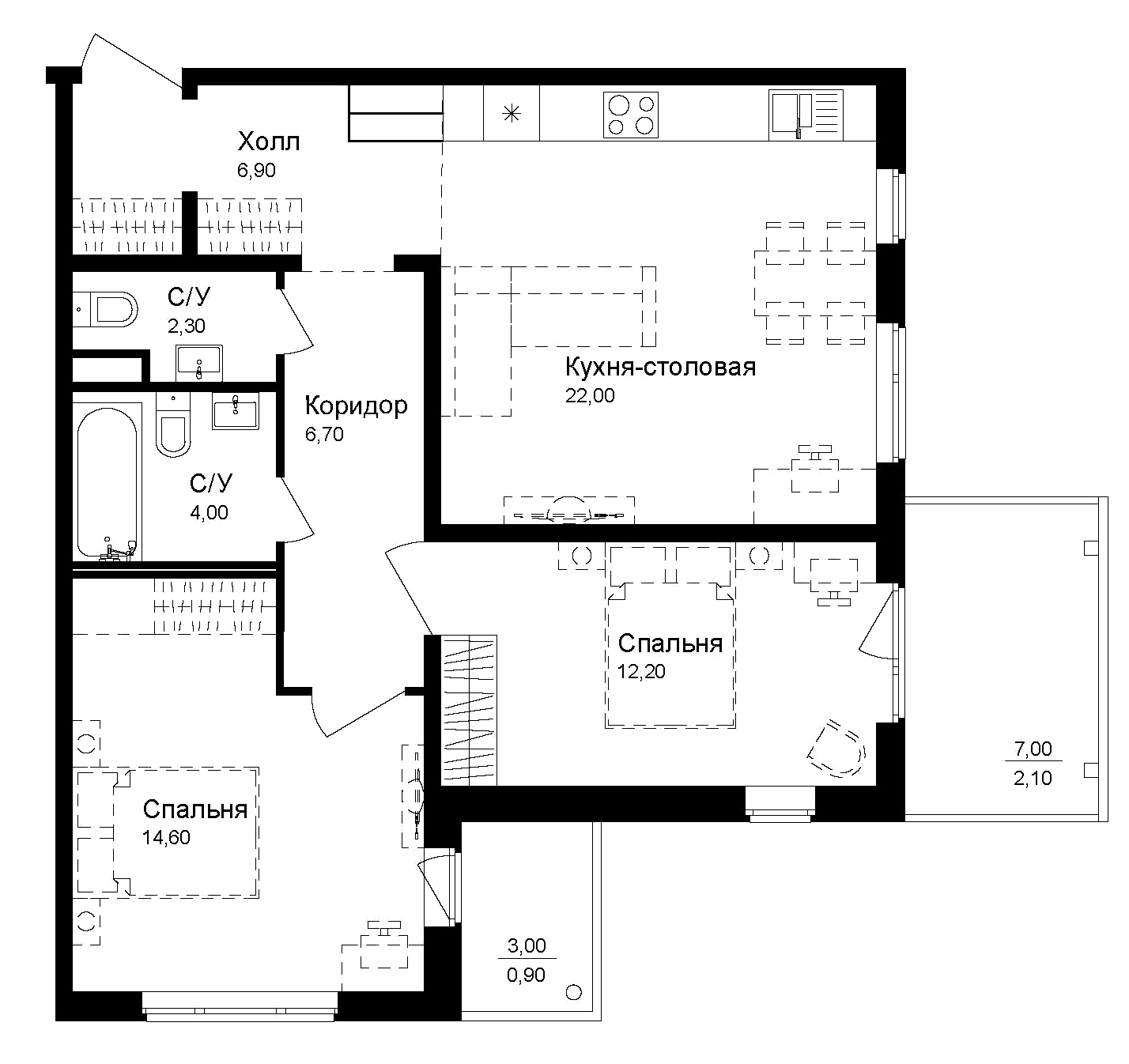 Планировка — Эко квартал Новая Дубровка, 2-комн., 69 м²