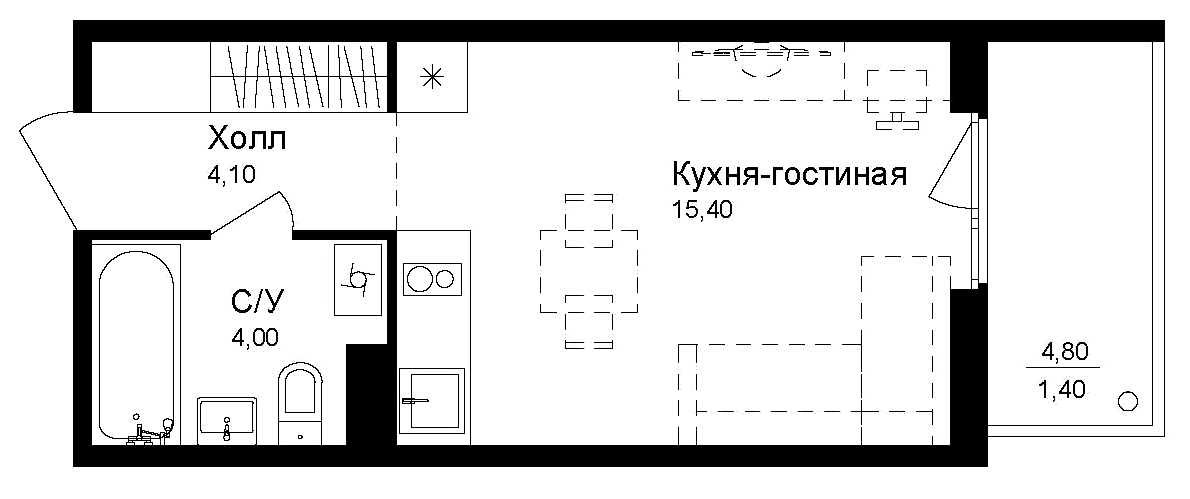 Планировка — Эко квартал Новая Дубровка, Студия, 24 м²