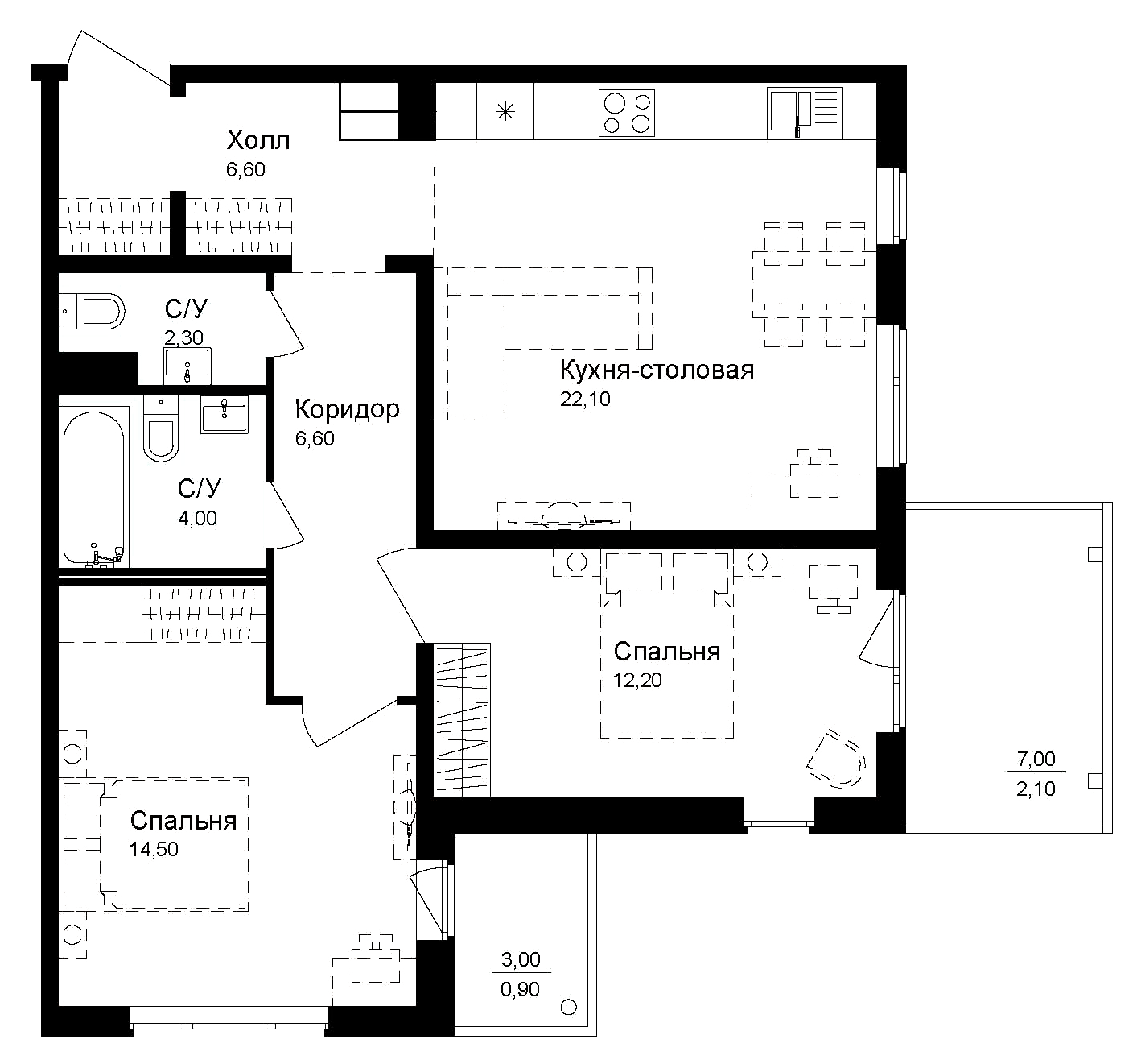 Планировка — Эко квартал Новая Дубровка, 2-комн., 68 м²