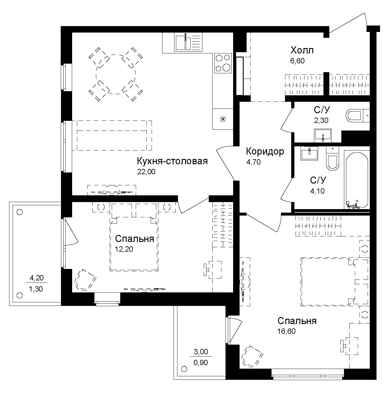 Планировка — Эко квартал Новая Дубровка, 2-комн., 69 м²