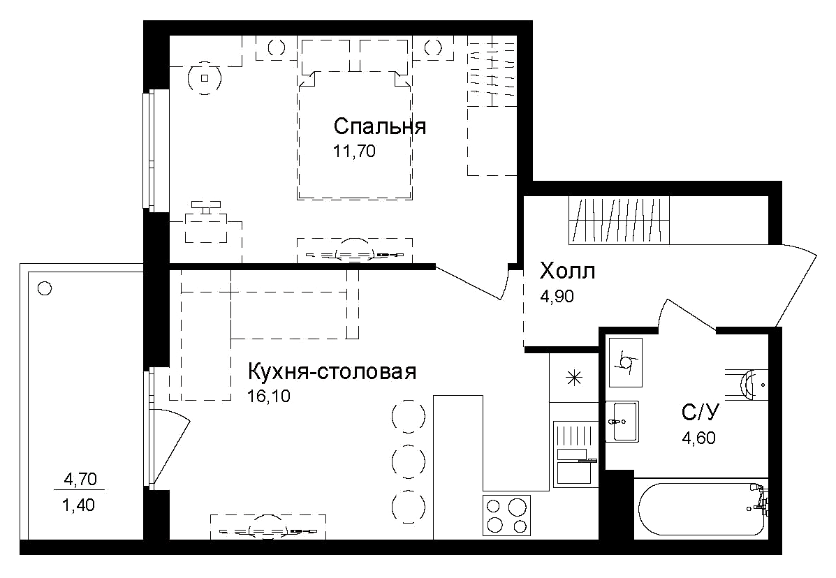Планировка — Эко квартал Новая Дубровка, 1-комн., 37 м²