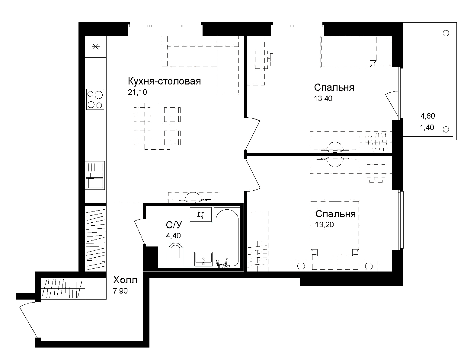 Планировка — Эко квартал Новая Дубровка, 2-комн., 60 м²
