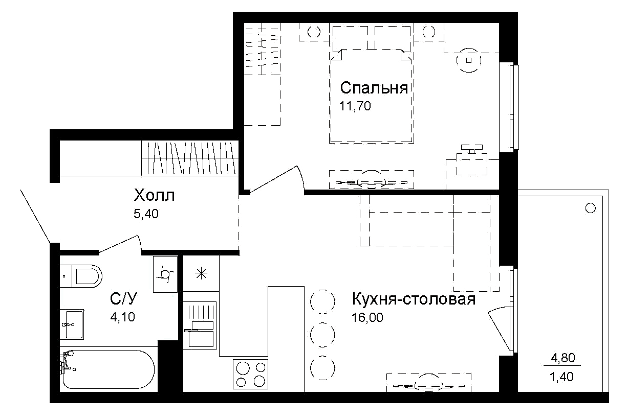 Планировка — Эко квартал Новая Дубровка, 1-комн., 37 м²