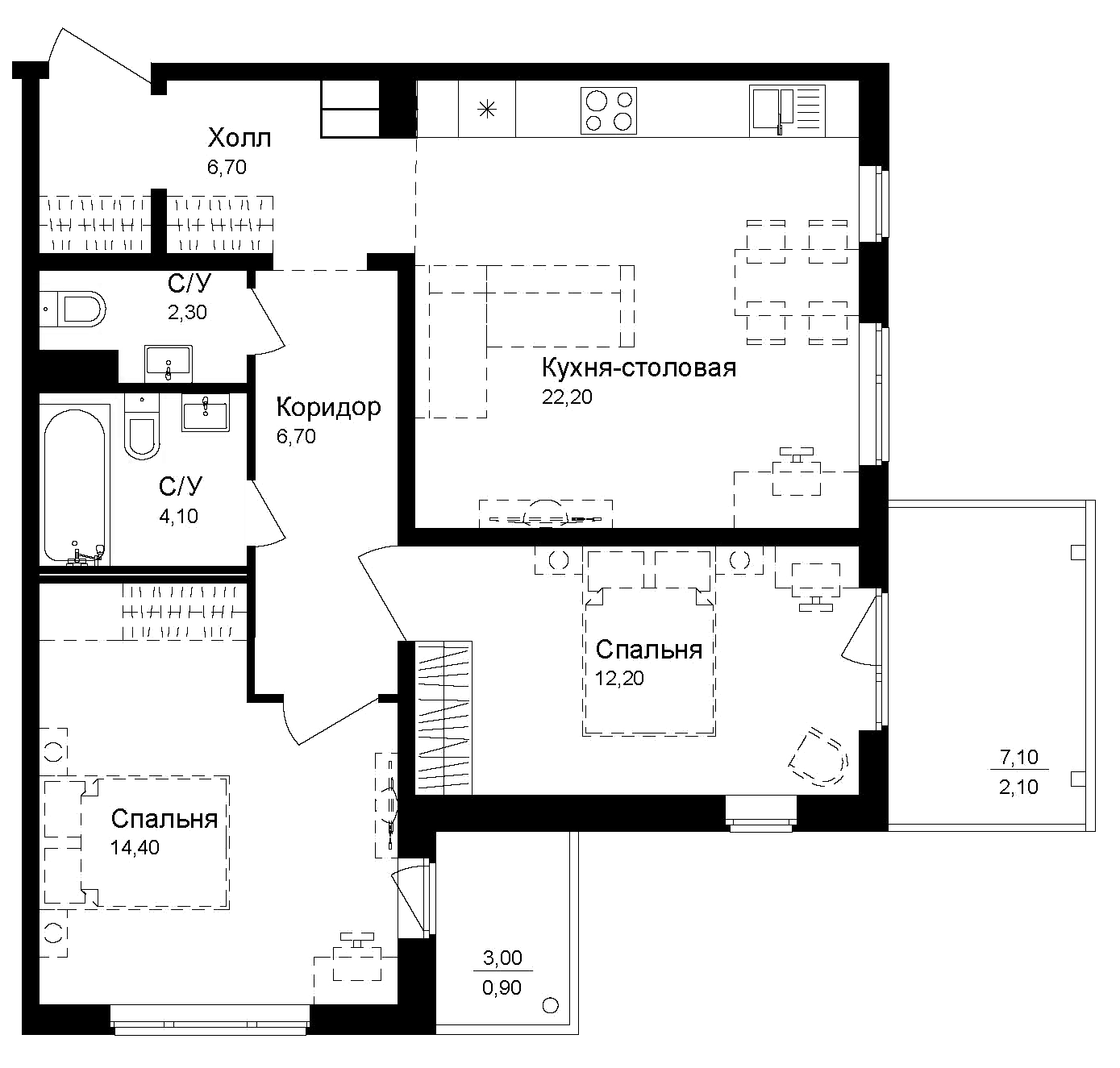 Планировка — Эко квартал Новая Дубровка, 2-комн., 69 м²
